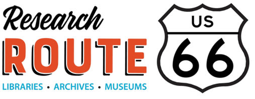 Shield-shaped highway sign for Route 66. Logo for a collaborative speaker series about Route 66 run by libraries, archives, and museums.